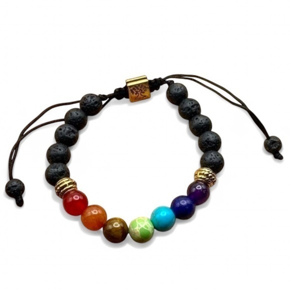 Lava Stone and 7 Chakra Healing Stone Bracelet Tree of Life Gold Color Accents